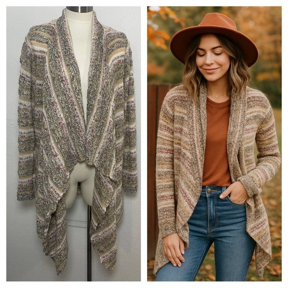 Knox Rose Boho Striped Drape Open Front Cardigan Sweater Women’s Large - Picture 1 of 10